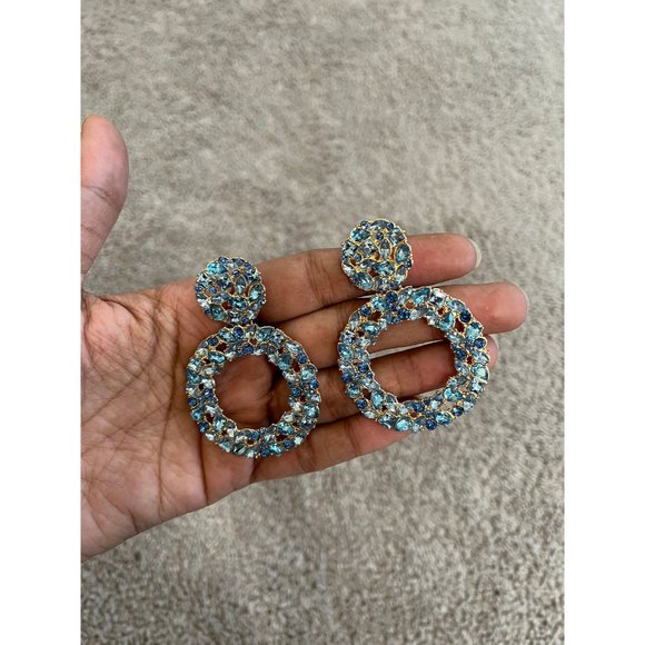 blue rhinestone earrings big statement long big aqua aquamarine large crystal - Picture 5 of 7